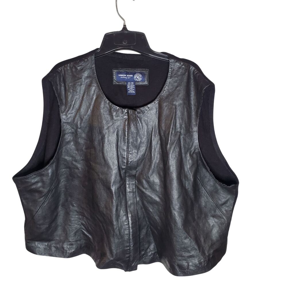 Venezia Jeans Leather Front Crop Vest Size 26/28 Plus Y2K Two-Way Zip